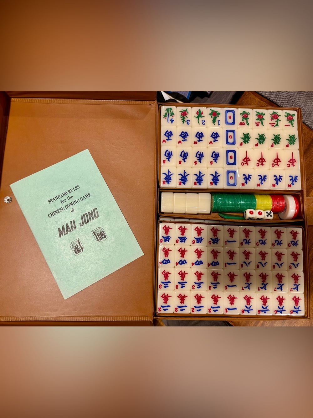 Vintage 60’s Mahjong Set in White with Red and Blue Tiles- never played!